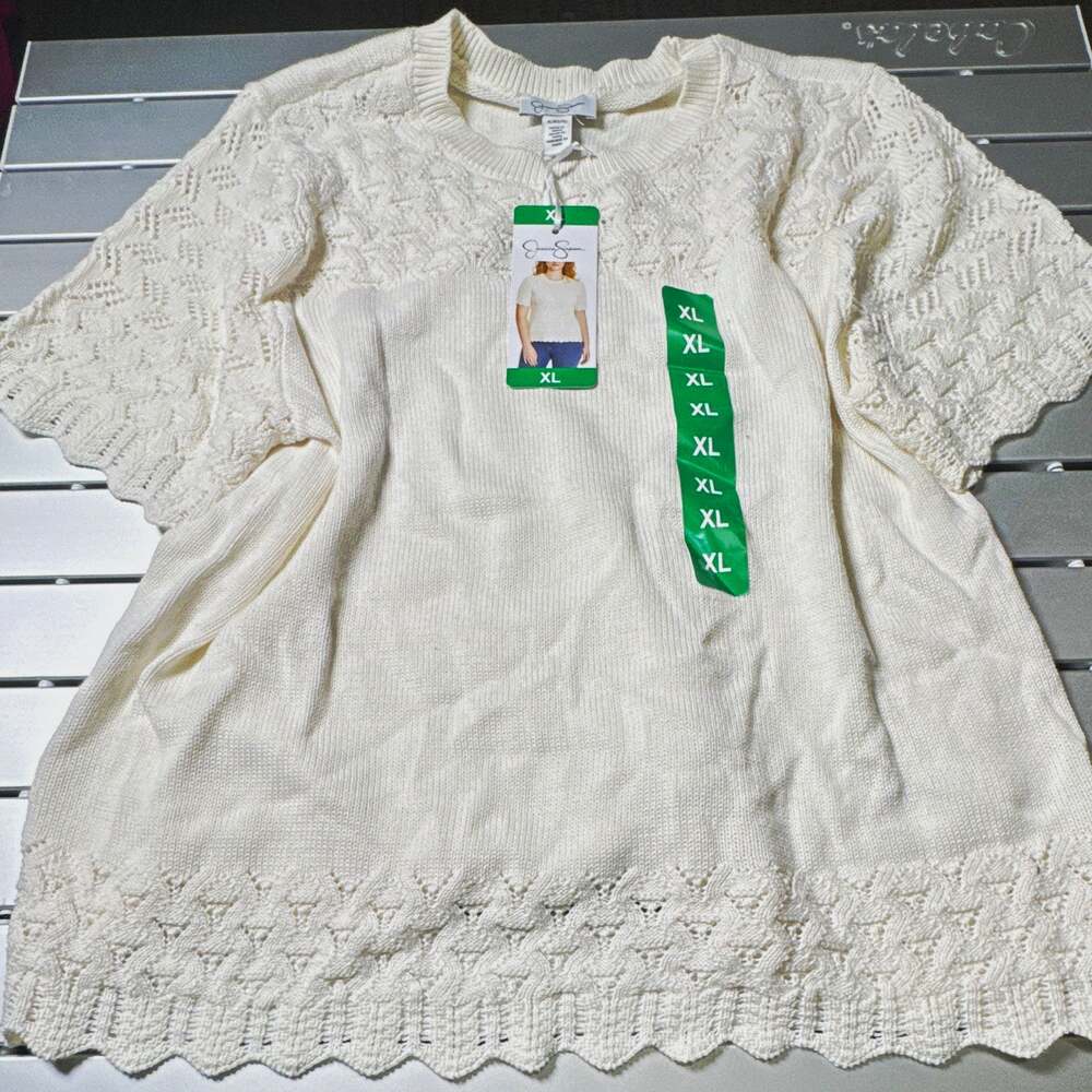 Jessica Simpson Ivory Crew Neck Open-Knit Short Sleeve Sweater XL